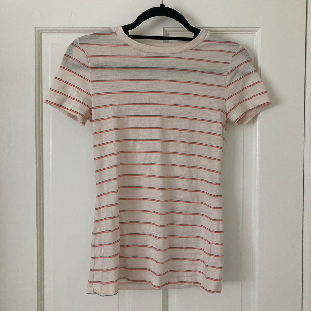 Striped short sleeve top. Red, blue and cream.